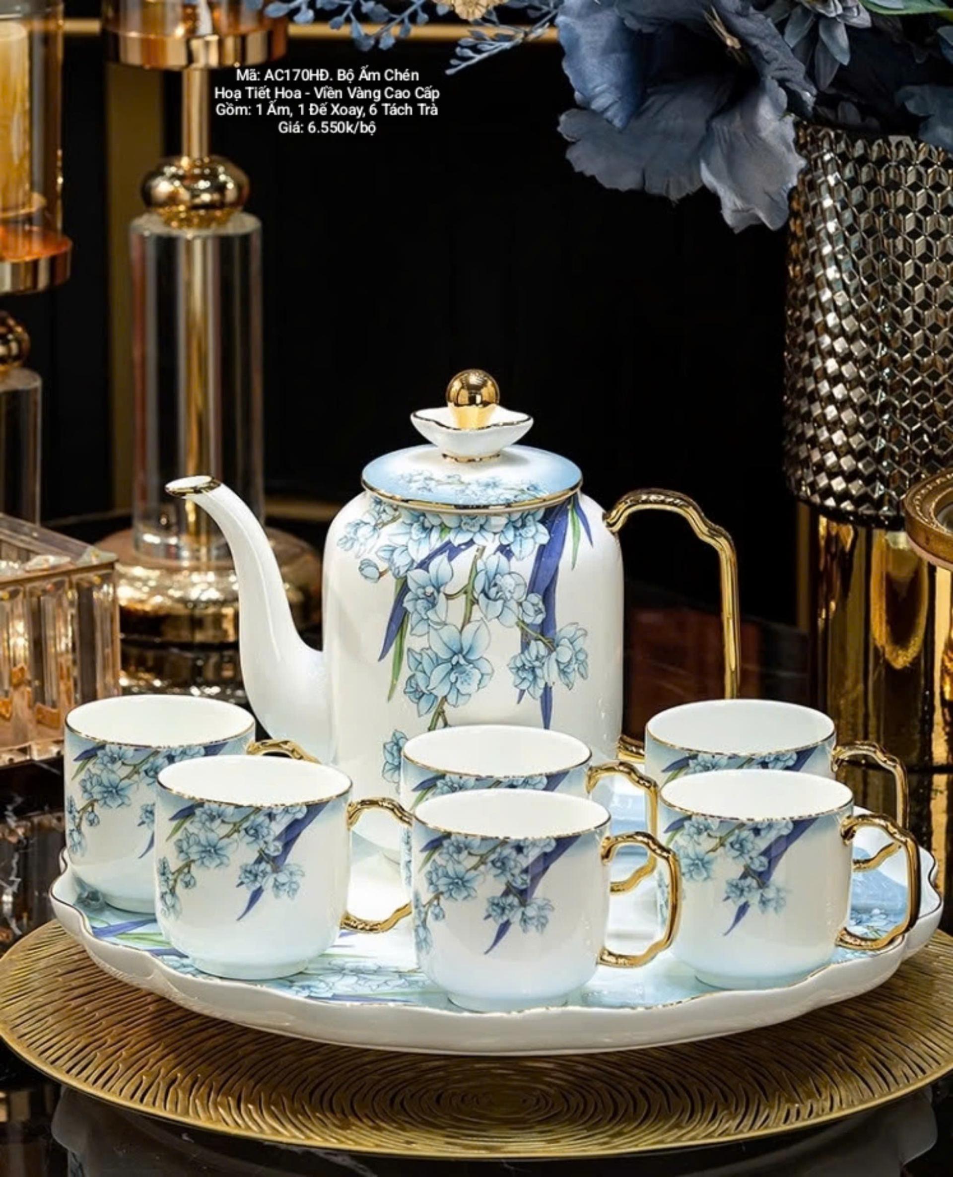 BỘ ẤM CHÉN HỌA TIẾT HOA - VIỀN VÀNG CAO CẤP